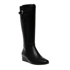 NEW Anne Klein Womens Size 5.5 Black Mollie Tall Wedge Boots Soft Faux Leather